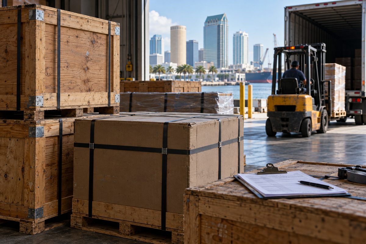 Commercial dispatch cartons and crates staged on wooden pallets in warehouse loading dock.