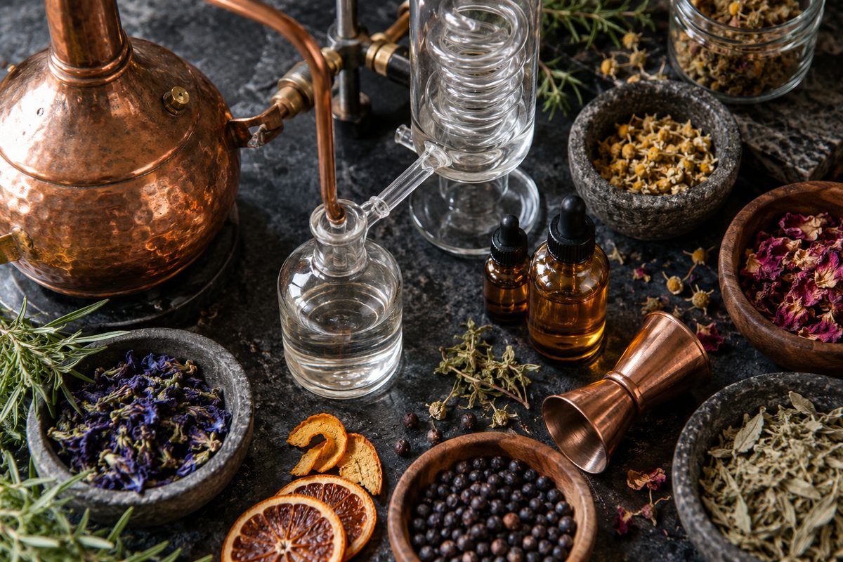 Botanical distillation and blending workbench with glassware and natural fragrance fractions.