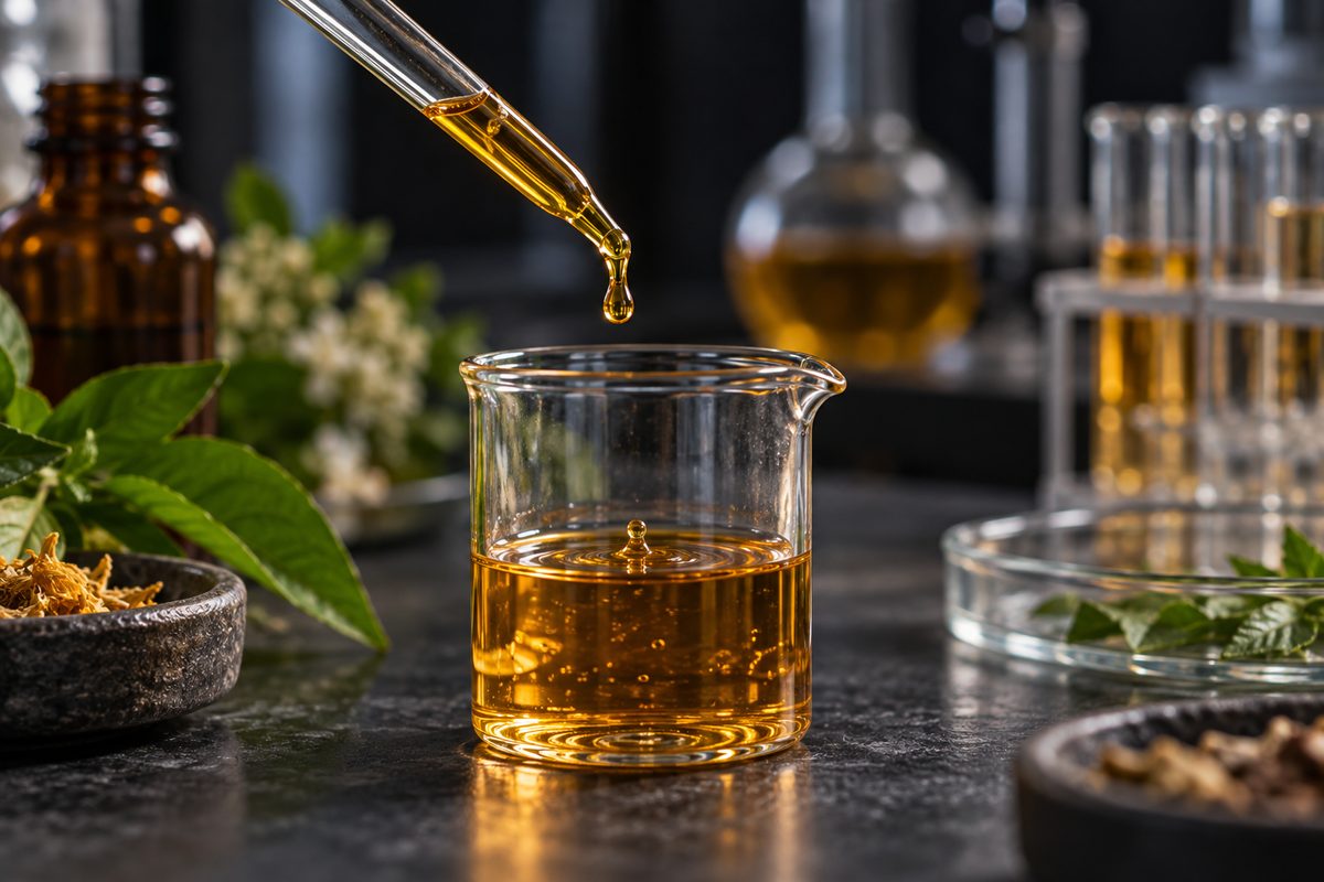 Precision pipette measuring pure botanical essential oil extract into glass beaker