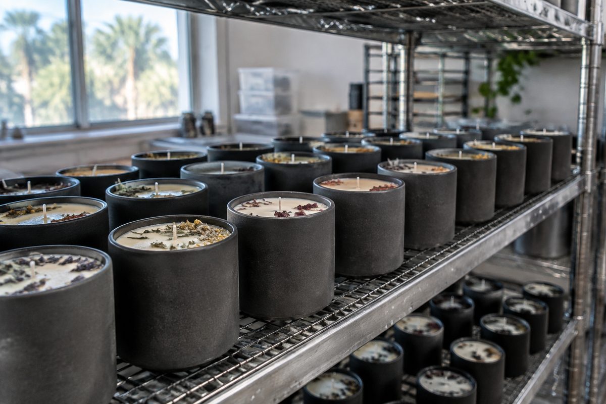Matte charcoal ceramic candle vessels undergoing controlled cure on stainless steel workshop racks.