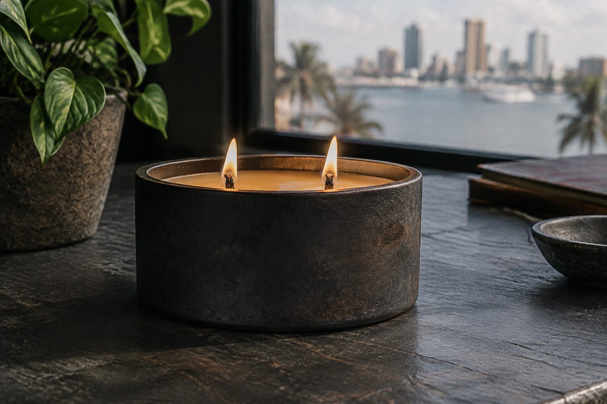Double-wick workshop candle in dark ceramic vessel burning on slate.
