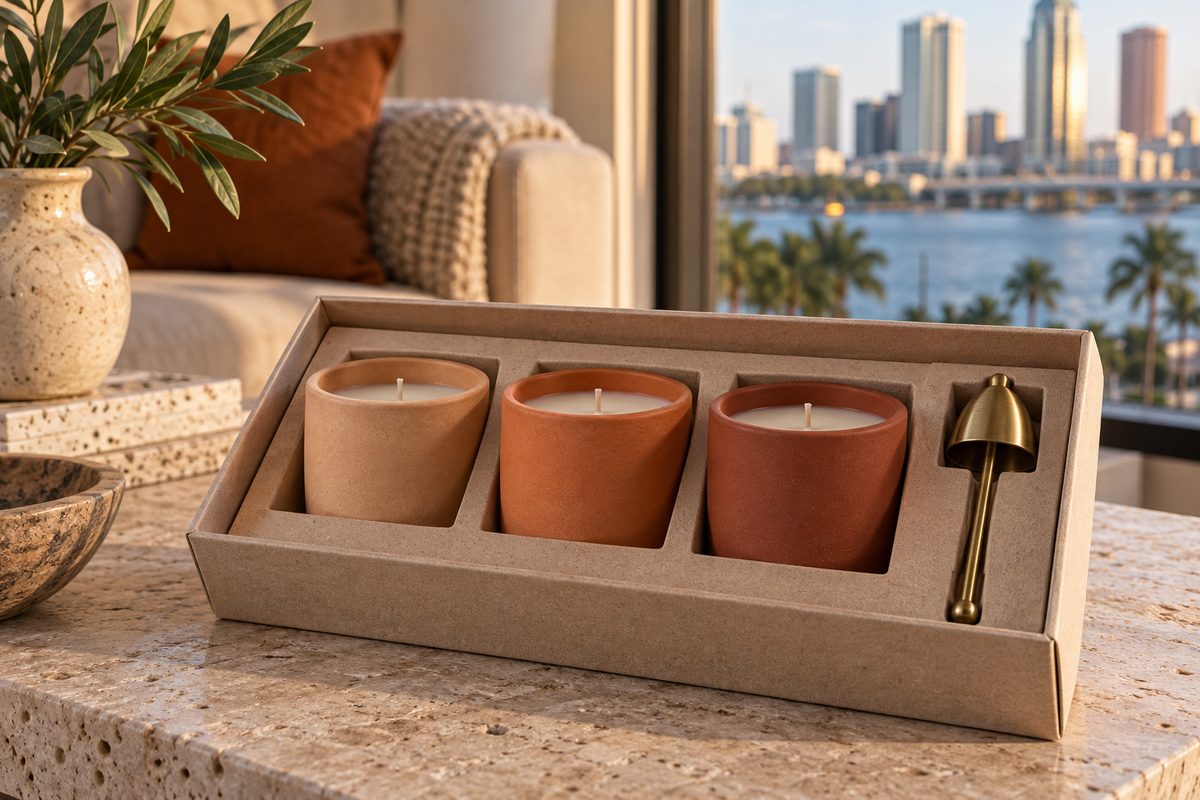 Five-piece curated candle and reed diffuser gift vault in custom cedar crate