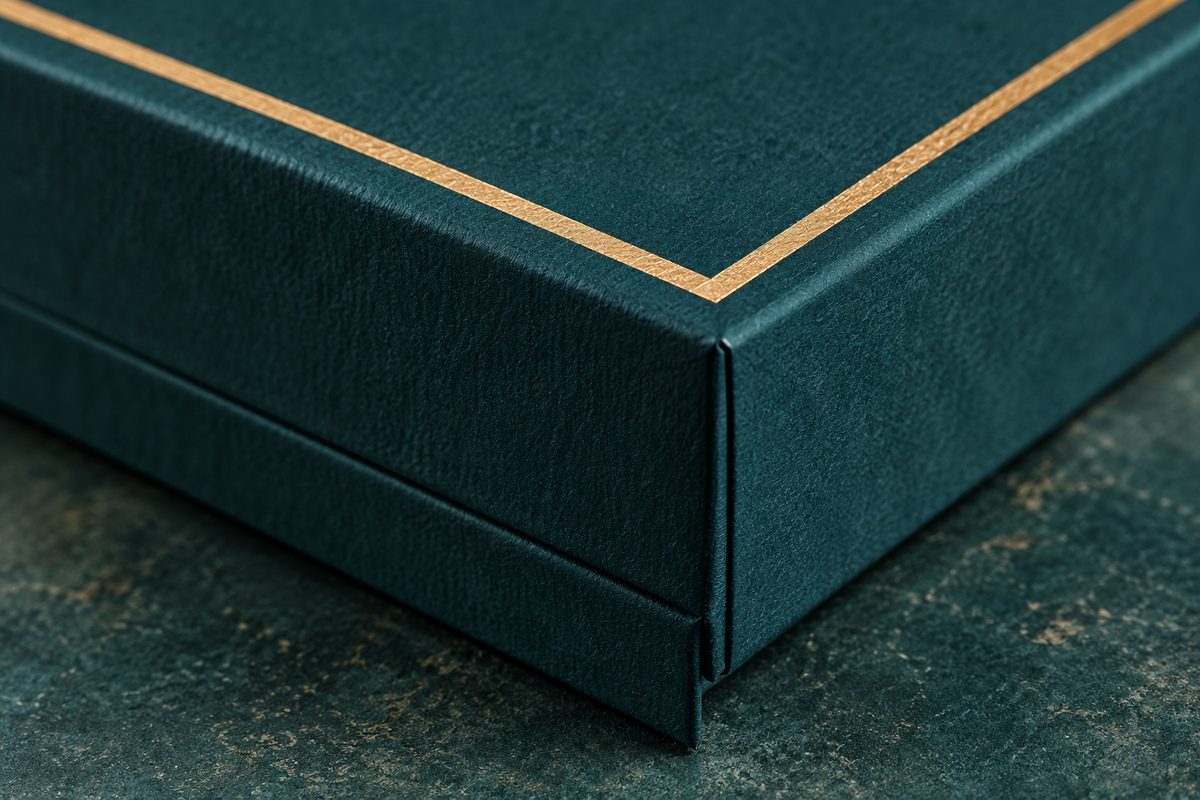 Unboxing detail of handcrafted gift set with soy candle and amber glass components