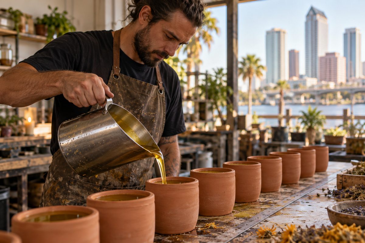 Collection of four hand-thrown ceramic candle vessels with natural wax fills