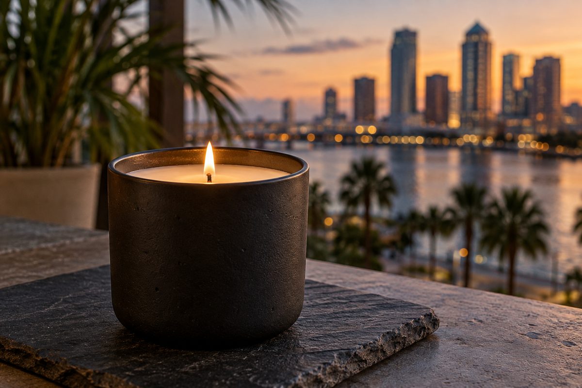 Scented vegetable candle burning cleanly in a porous terracotta vessel.