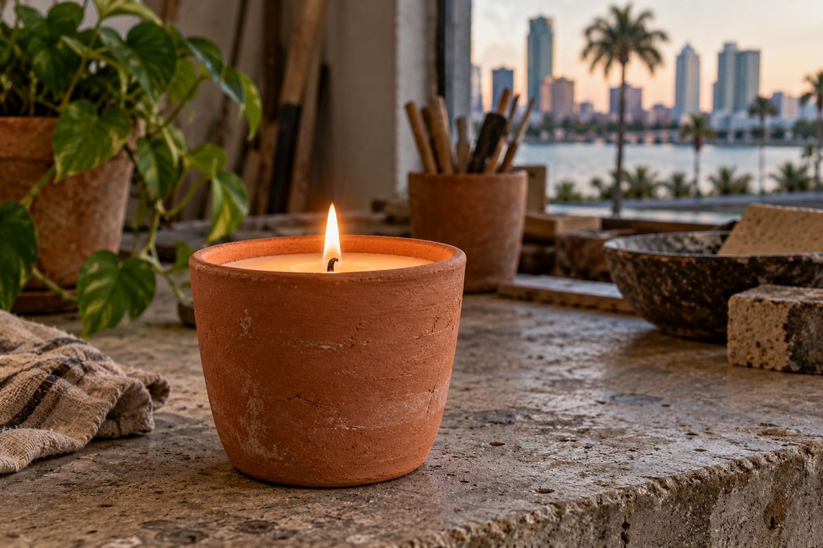 Scented vegetable candle burning cleanly in a porous terracotta vessel.