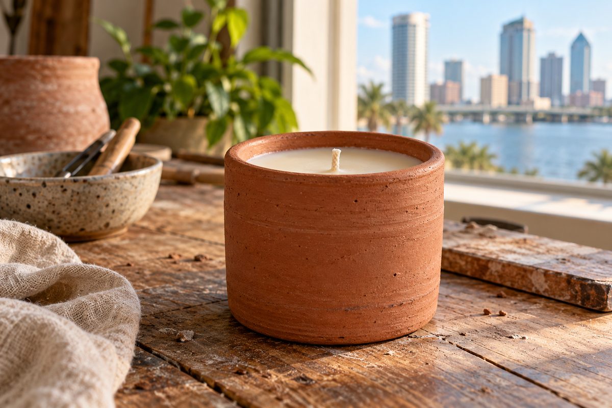 Hand-poured vegetable soy candle resting inside textured terracotta jar.