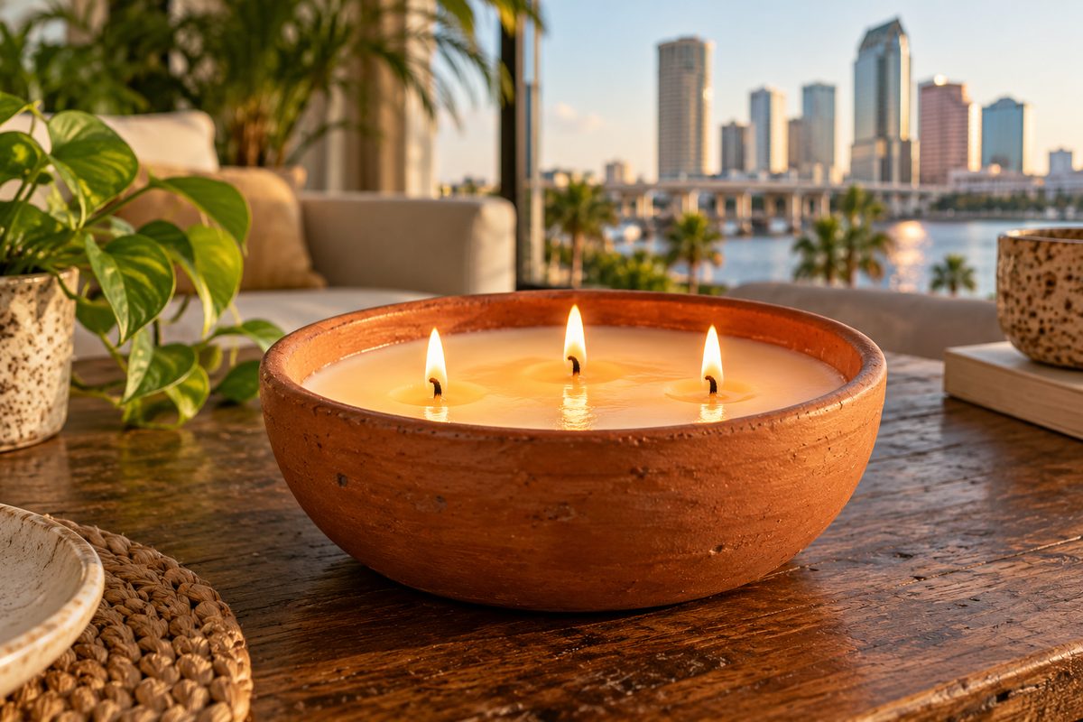 Double-wick workshop candle in dark ceramic vessel burning on slate.