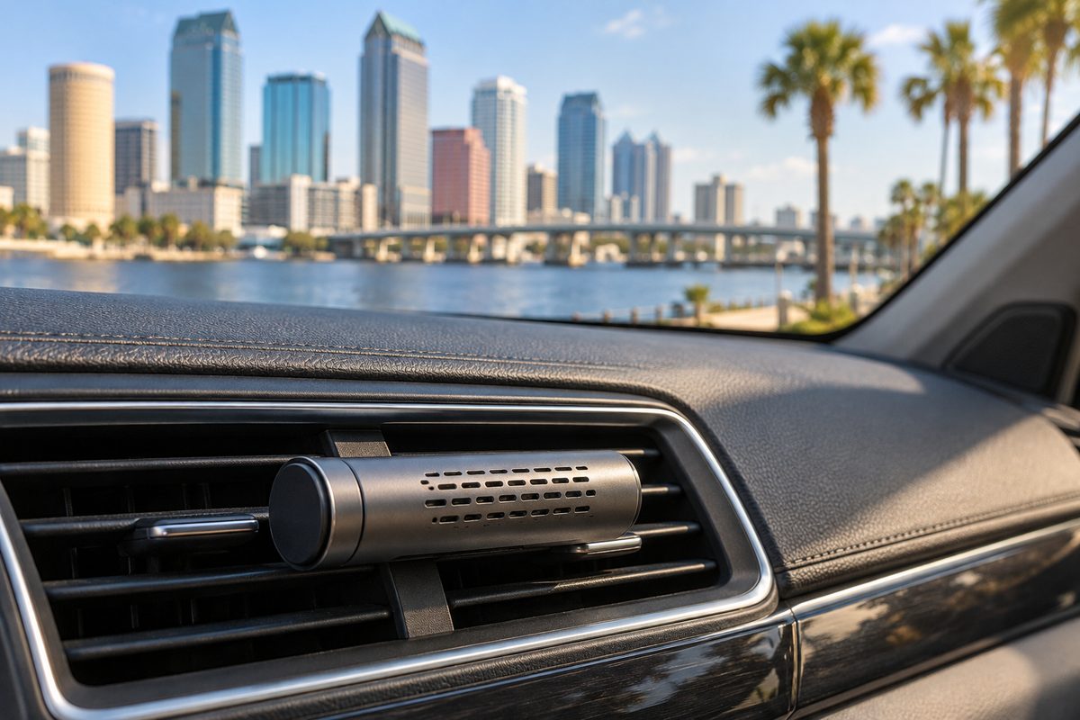 Billet aluminum vehicle air freshener clipped to dashboard climate vent.