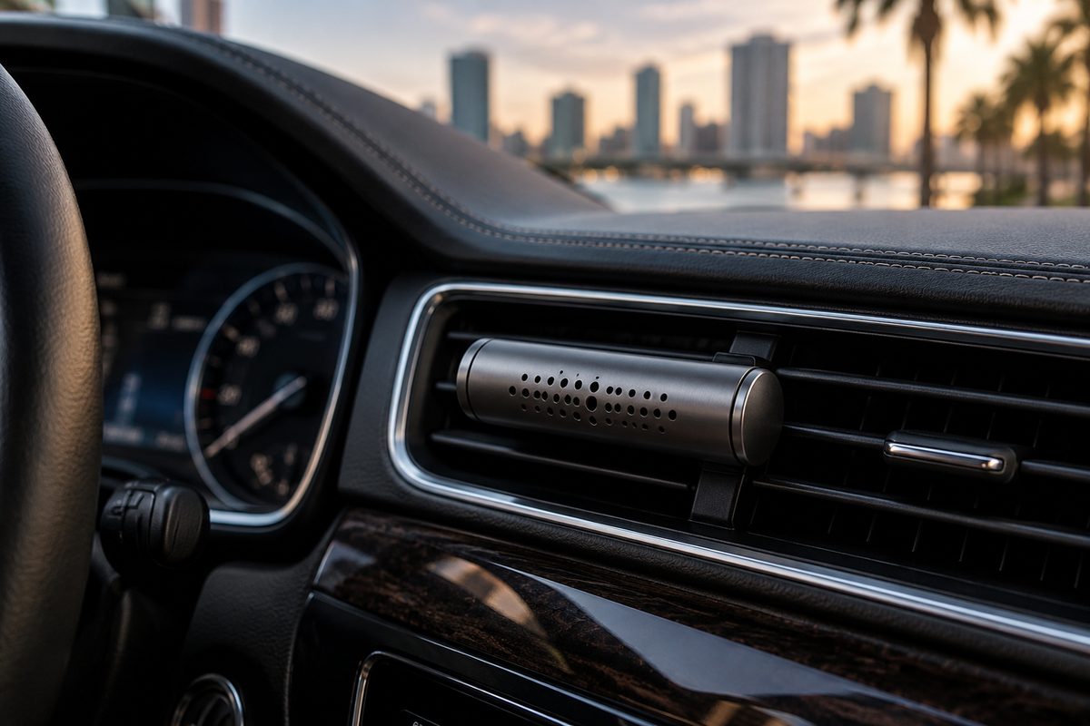 Billet aluminum vehicle air freshener clipped to dashboard climate vent.