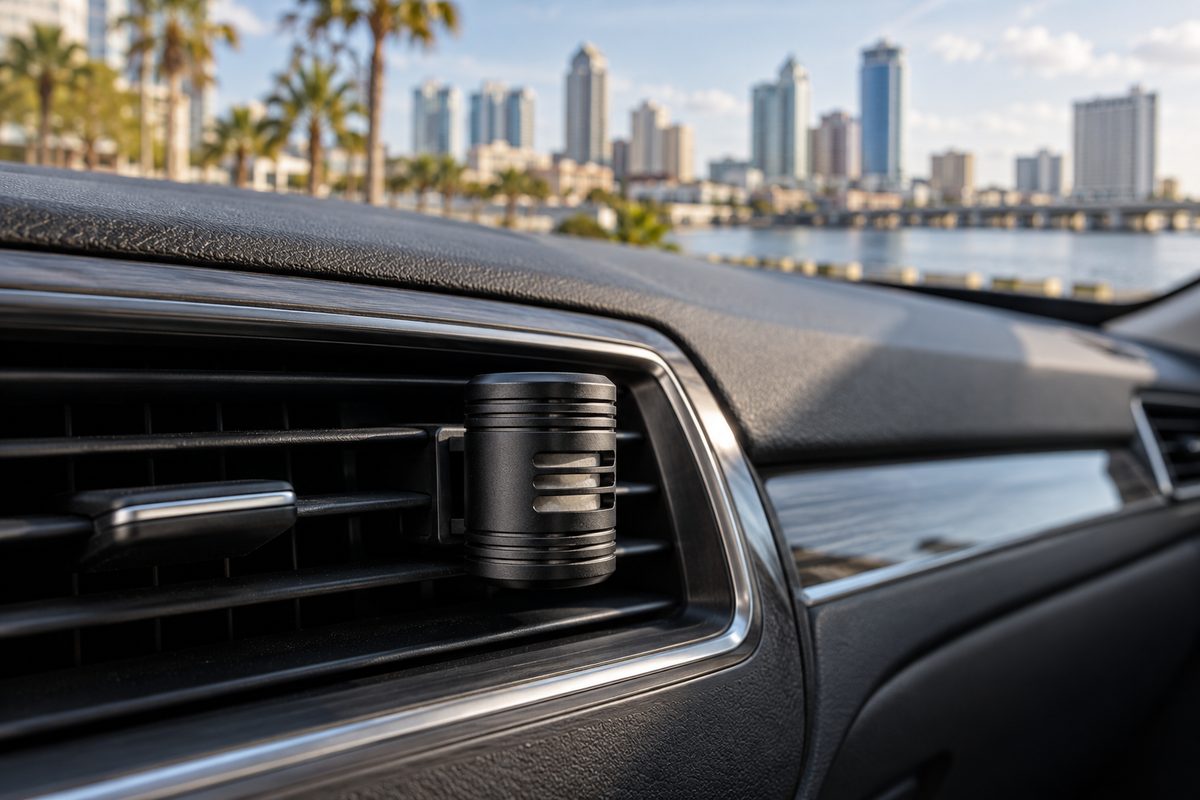 Billet aluminum vehicle air freshener clipped to dashboard climate vent.