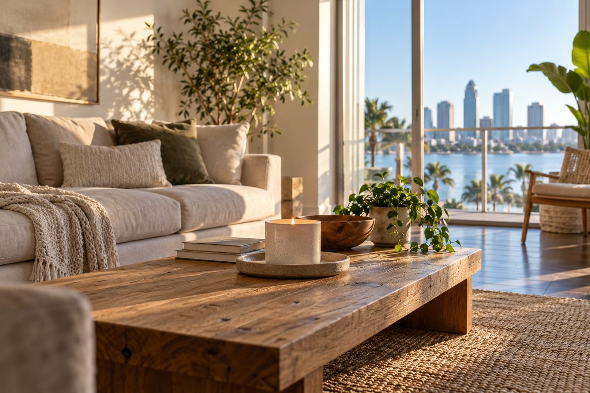 Sunlit residential living space illustrating ambient airflow paths and diffuser placement