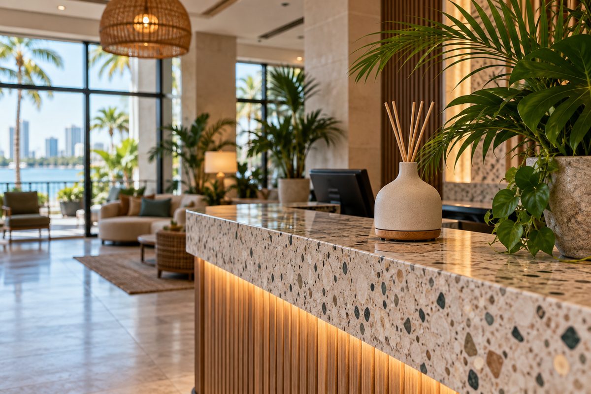 Commercial reception desk with discreet ambient scent diffuser