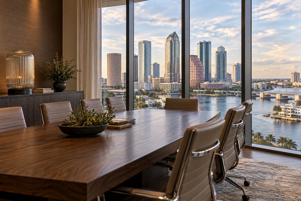 Capillary diffuser vessel placed in a private commercial executive workspace suite.