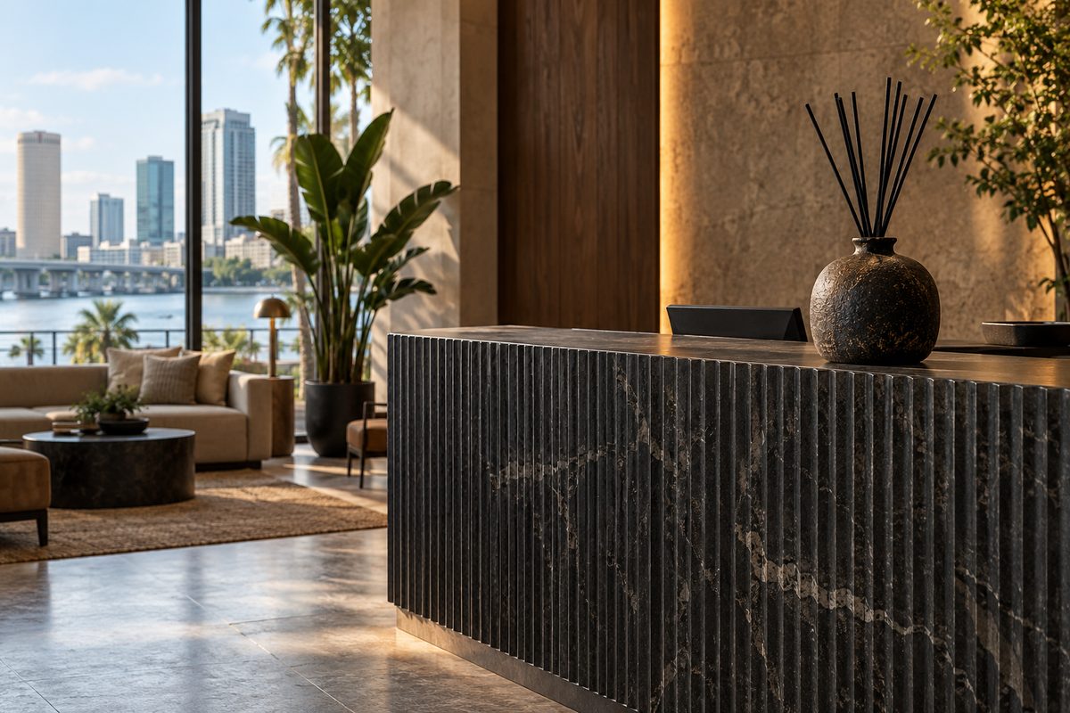 Architectural scent diffusion system operating in a modern boutique hotel reception interior.