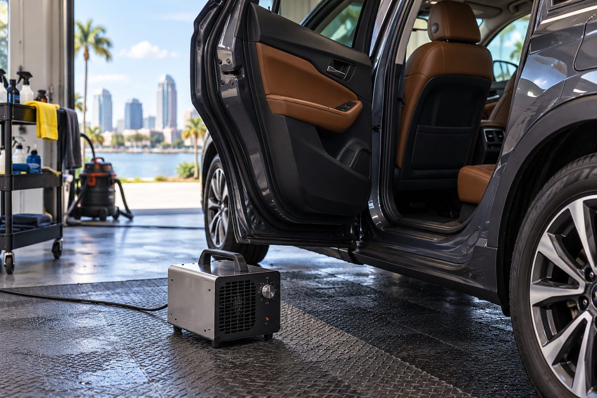 Vehicle interior deodorization setup during commercial fleet preparation