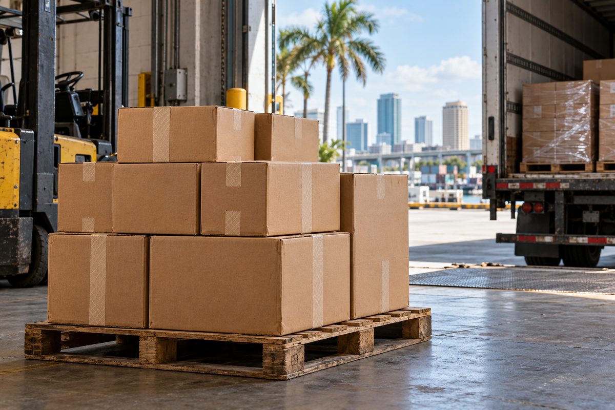 Palletized corrugated trade shipping cartons staged in warehouse freight bay