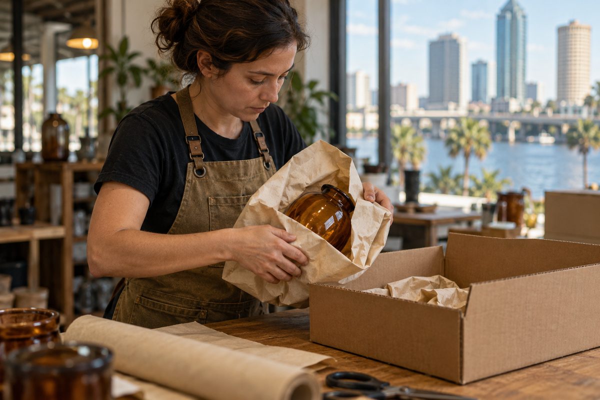 Craftsman packing room sprays and candles at Tampa fulfillment bench.