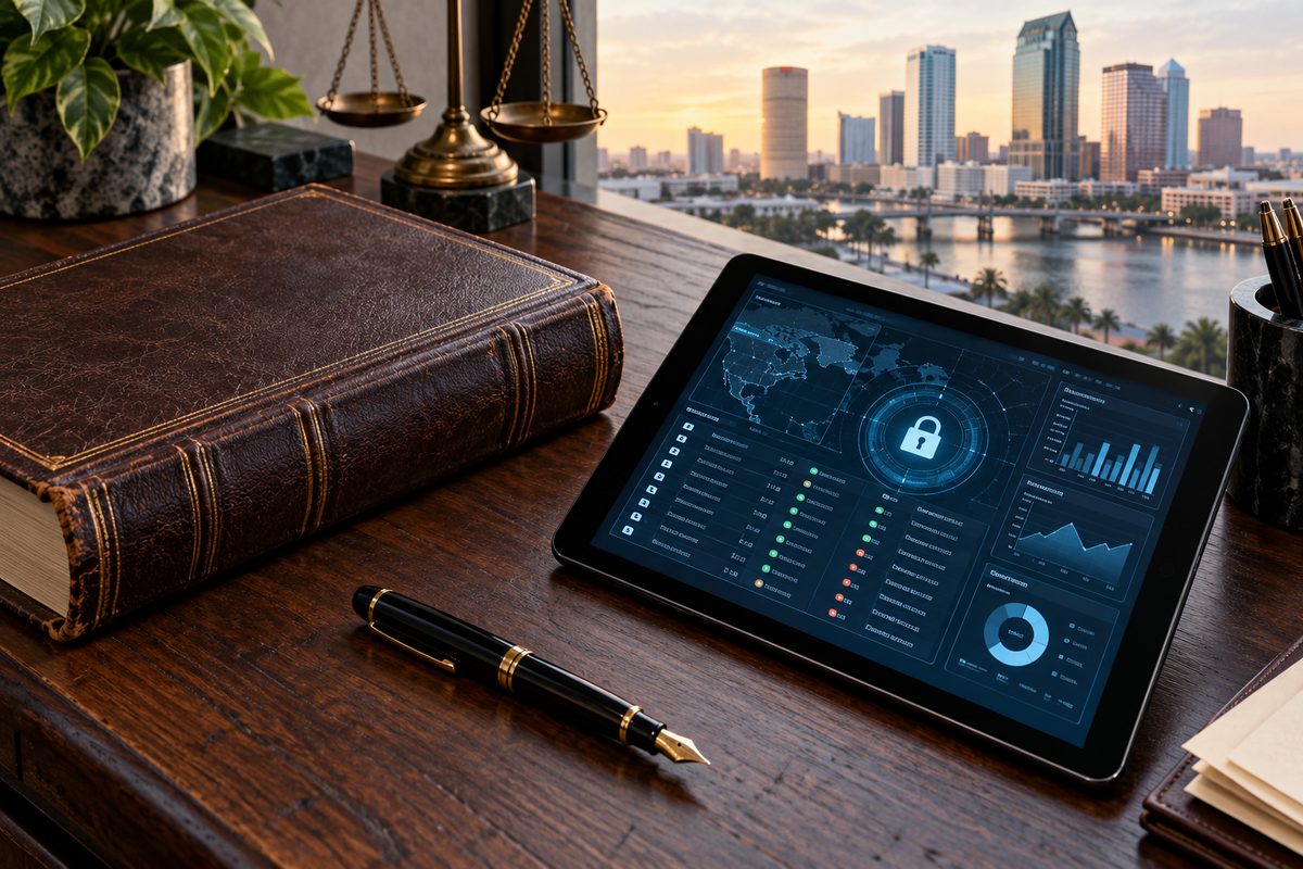 Formal data privacy compliance register and audit documentation on a metal work table.