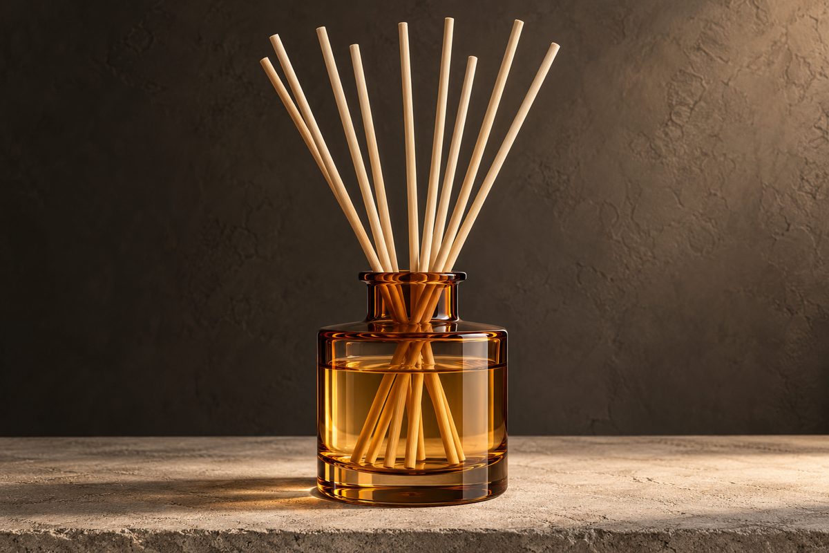 Amber apothecary reed diffuser flacon with ten porous rattan reeds.