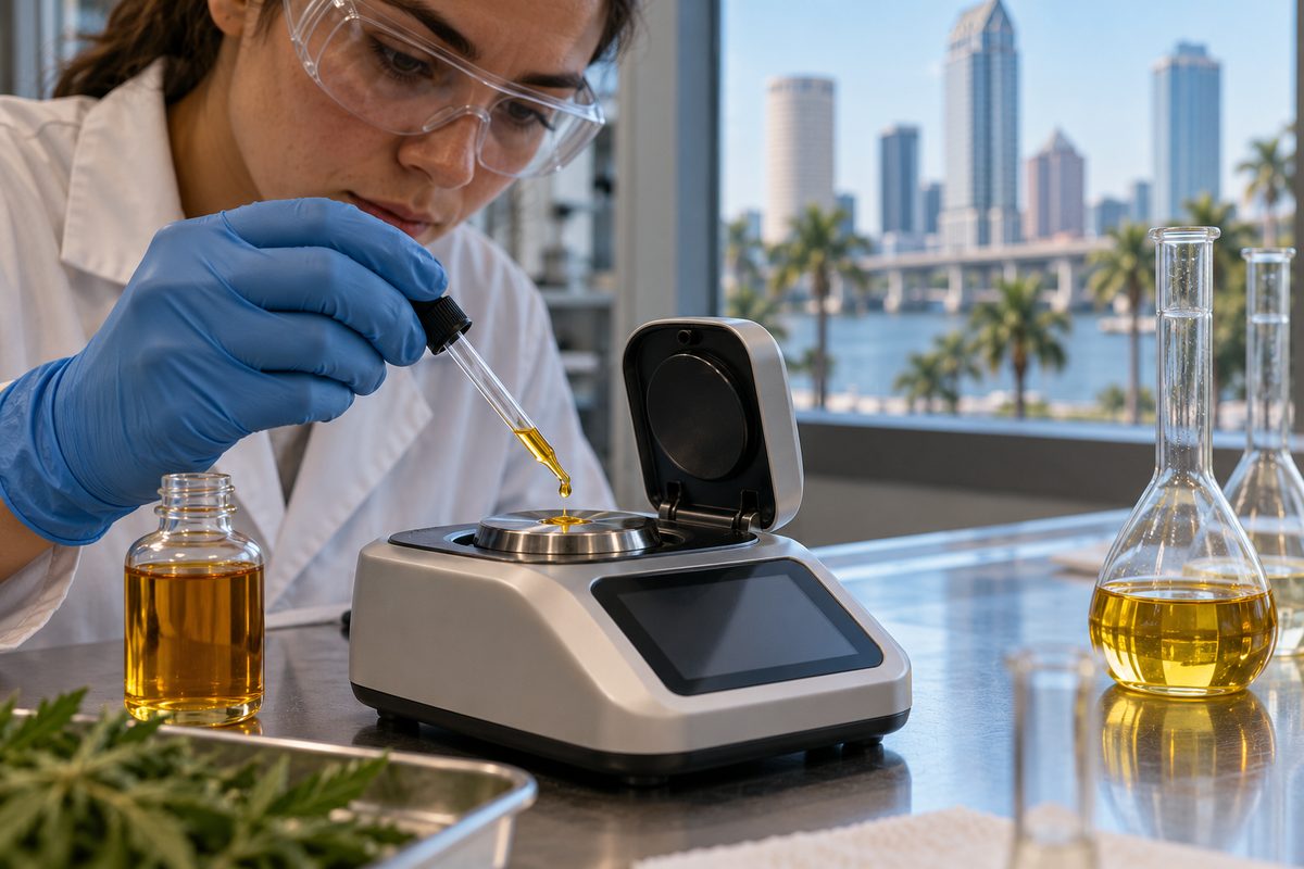 Quality testing botanical essential oil refractive index and purity in workshop laboratory.