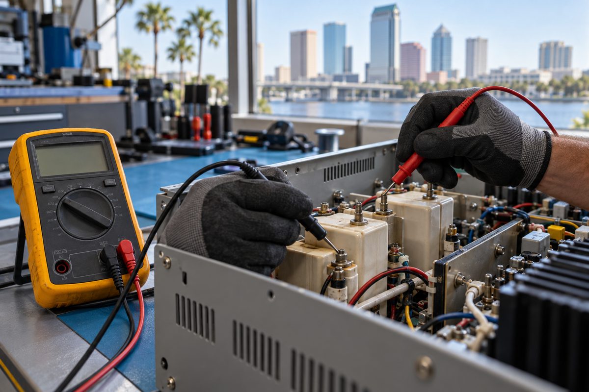 Bench testing multimeter and air diagnostics station at the Aromatek workshop