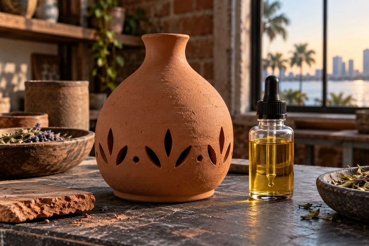 Apothecary reed diffuser flacon and botanical reeds on workshop table.