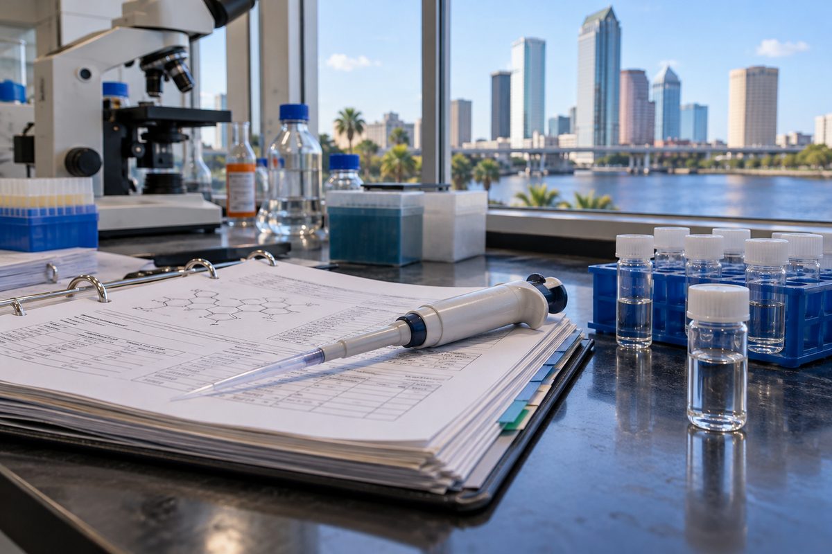 Safety testing bench with precision pipettes, SDS sheets, and botanical oil extracts