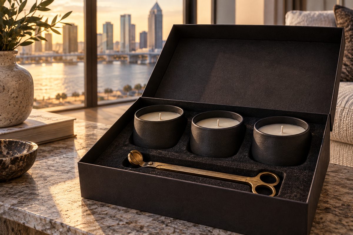 Artisanal candle trio gift crate with turned brass snuffer in pine packaging.