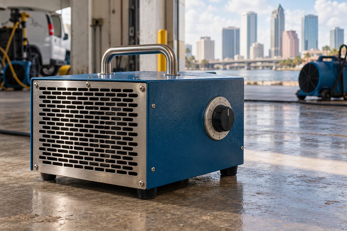 Commercial steel corona discharge ozone generator unit on workshop concrete.
