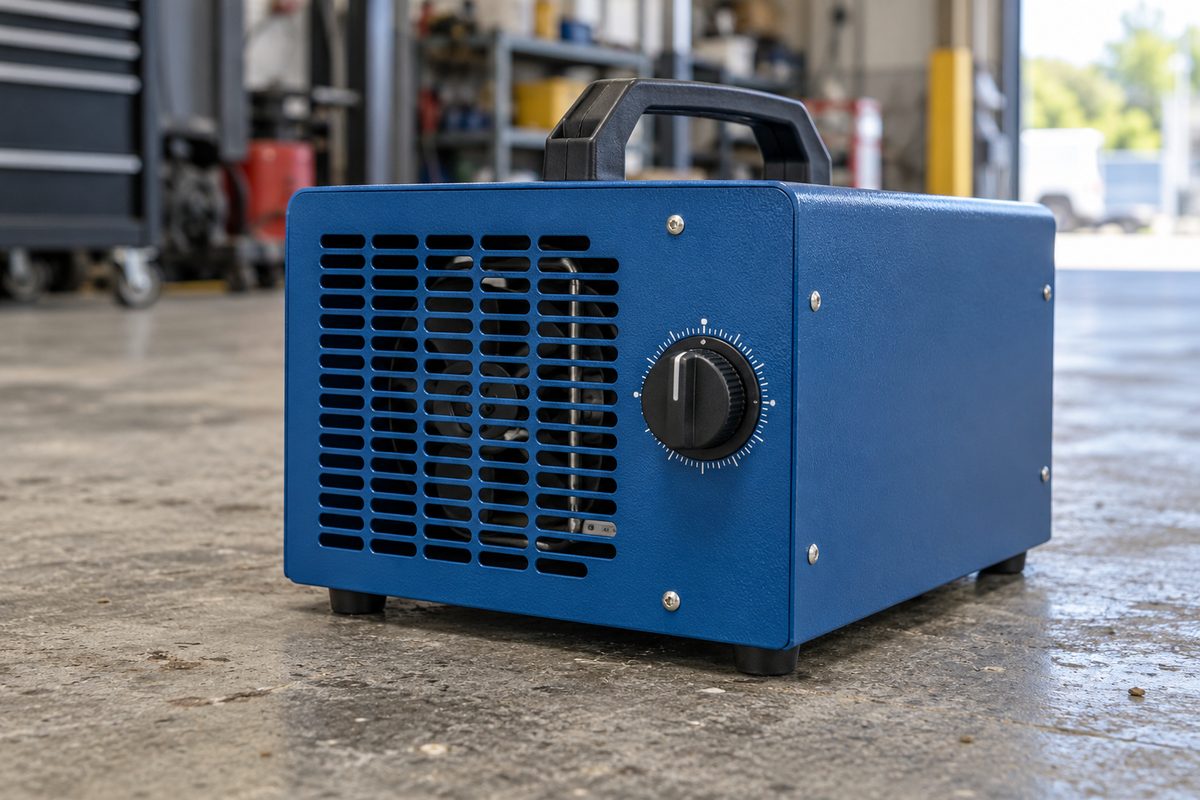 Commercial steel corona discharge ozone generator unit on workshop concrete.