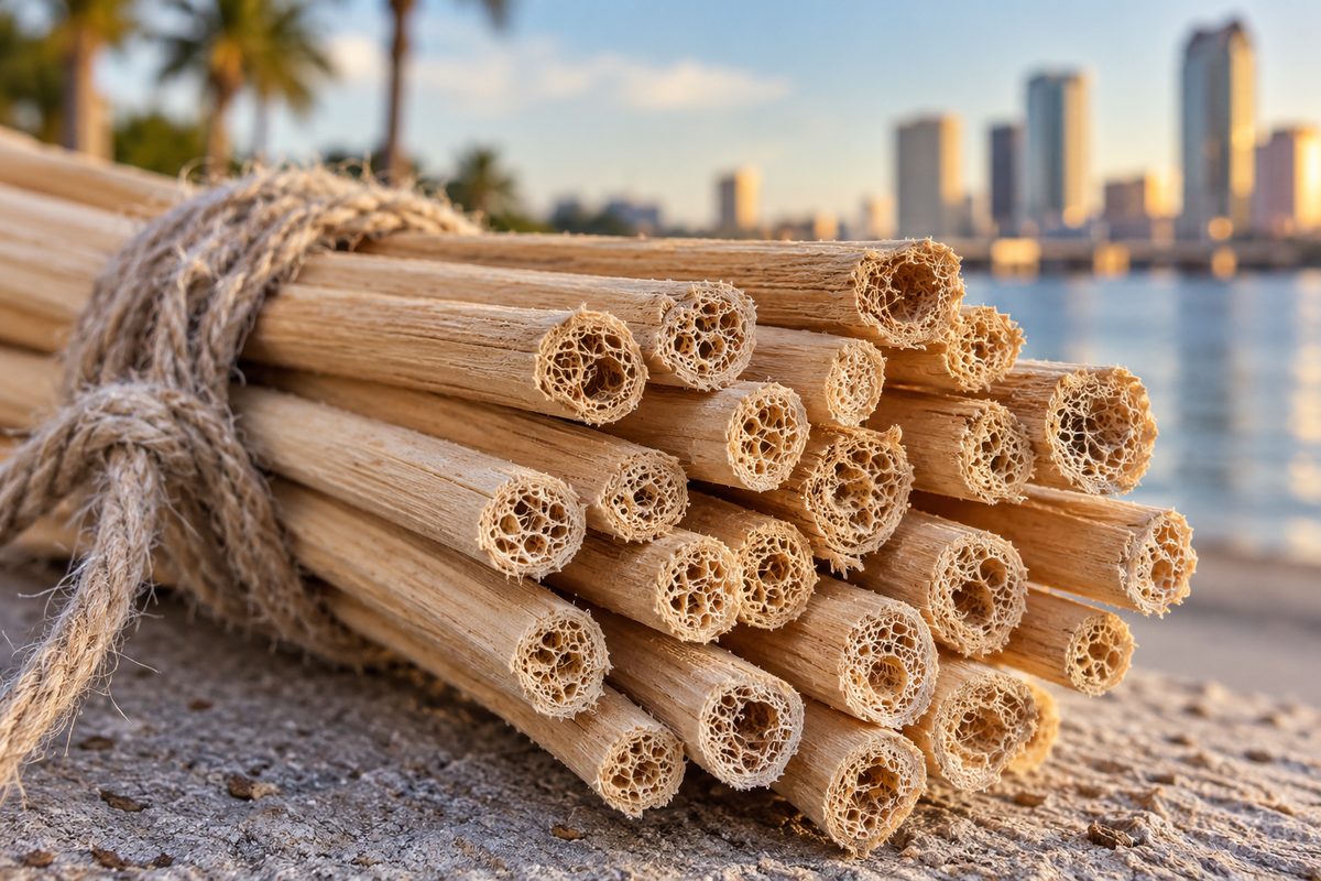 Macro photograph of porous rattan reeds displaying open capillary vascular channels.