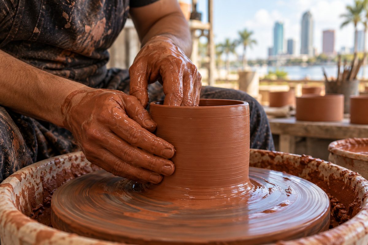 Artisan potter throwing a cylindrical red terracotta candle container on a wheel.