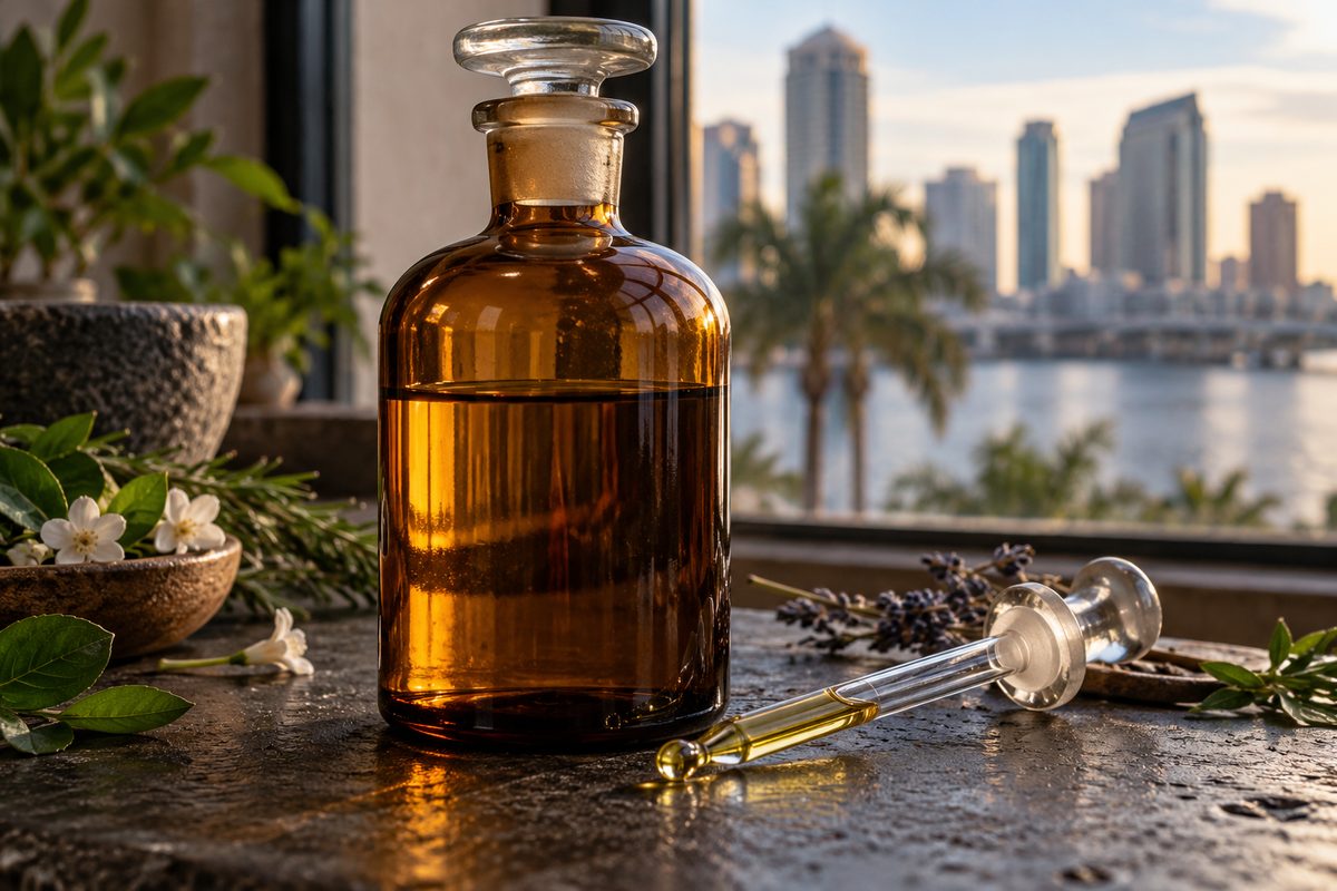 Golden botanical diffuser refill oil being measured in a laboratory glass cylinder.