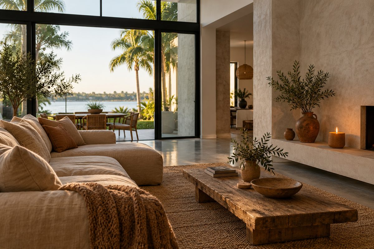 Residential room interior with natural linen sofa and burning terracotta candle.