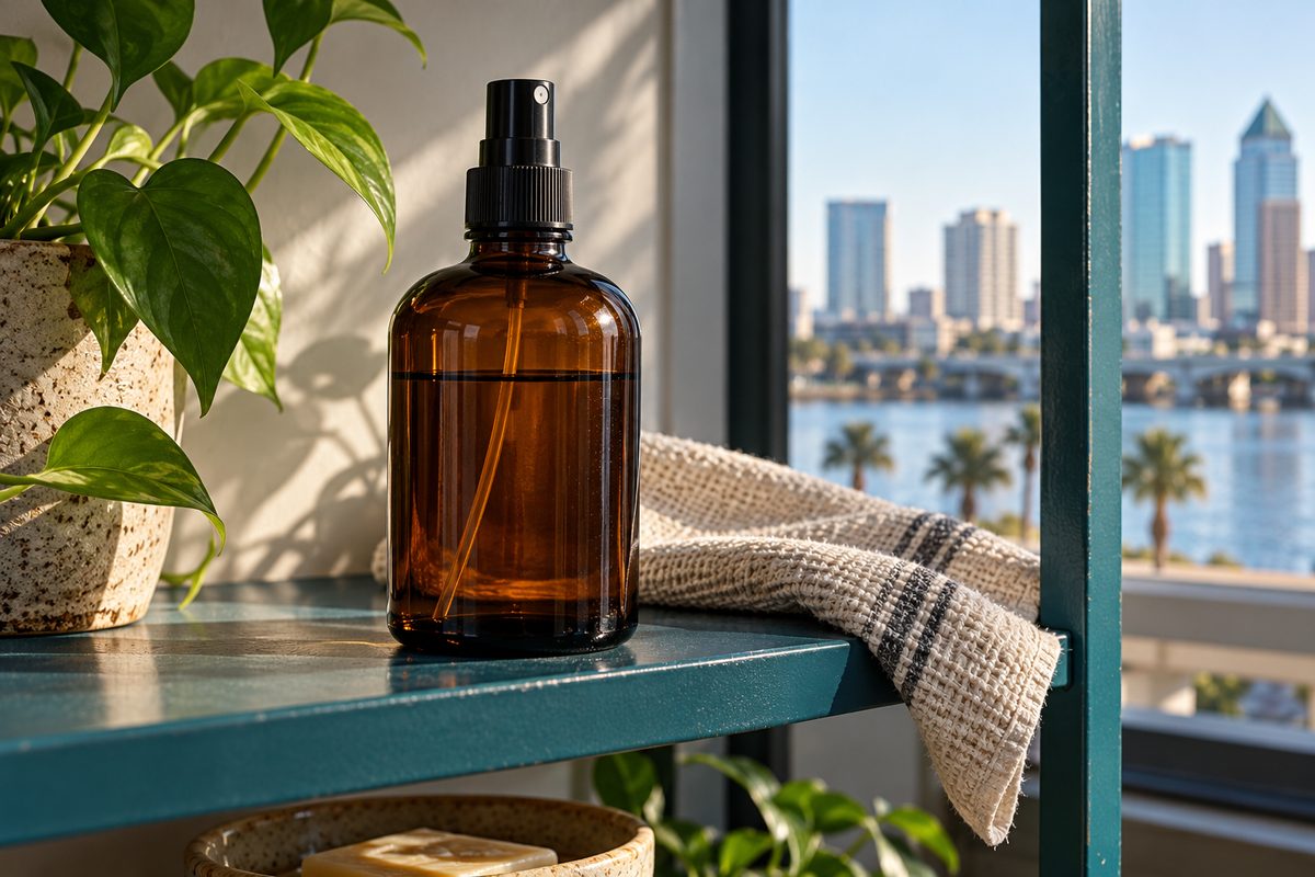 Amber glass room spray flacon with brass atomizing pump on weathered red brick.
