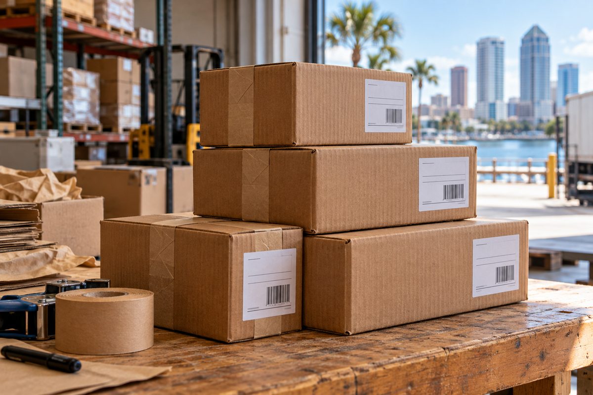 Stack of sturdy kraft corrugated packing boxes with water-activated tape and shipping labels