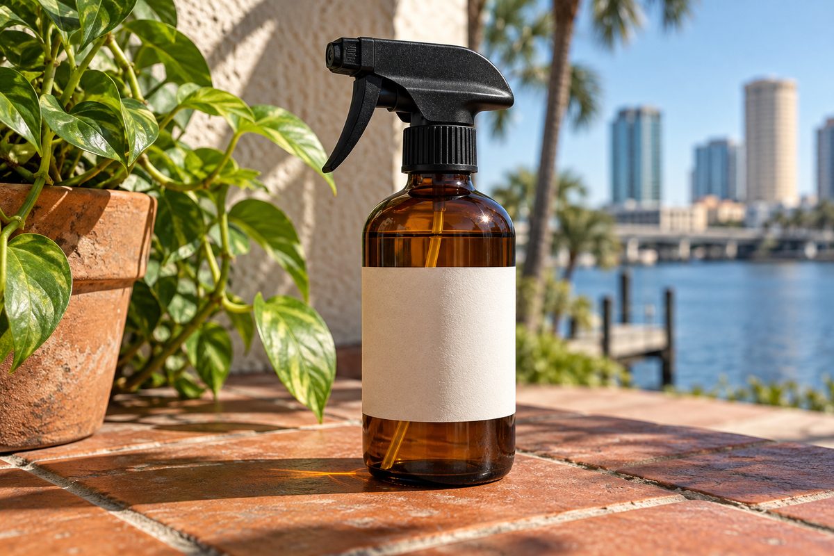 Brushed aluminum fabric mist flacon on raw woven natural linen.