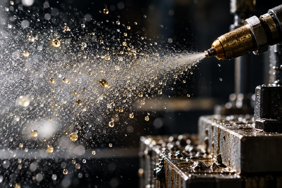 Fine atomized mist droplets dispersing from aerosol-free room spray nozzle.