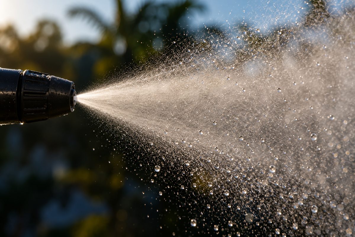 Fine atomized mist droplets dispersing from aerosol-free room spray nozzle.