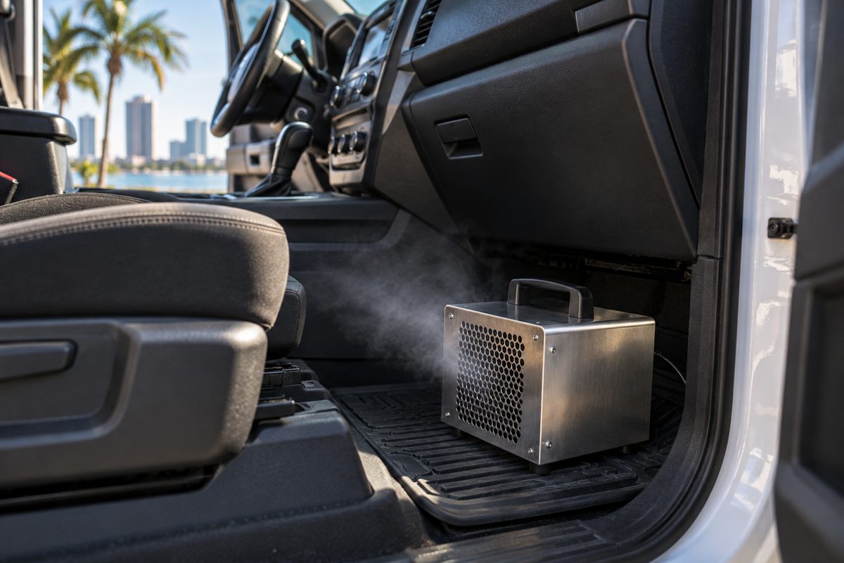 Automotive cabin during an active air remediation and vent treatment cycle.