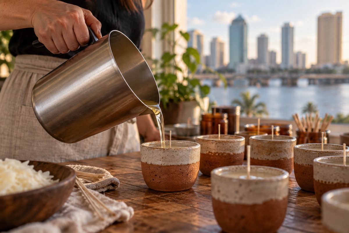 Pouring molten vegetable wax into terracotta candle vessels.